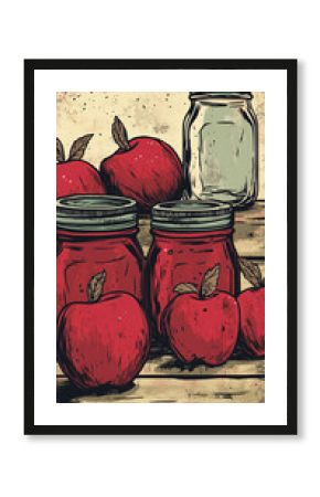 retro farm market poster featuring hand-drawn apples and mason jars