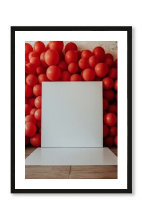 Design a poster mock-up against an indoor backdrop featuring red balloons.