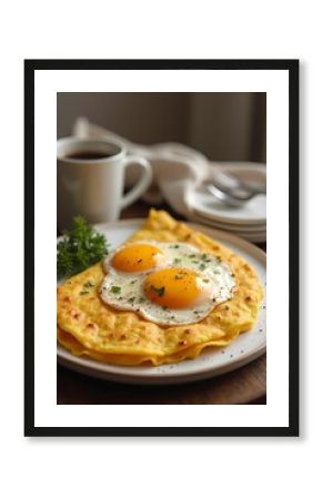 Morning omelette, light breakfast, tender eggs, cup of coffee