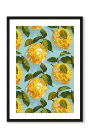 Stylized lemon pattern green leaves solid blue background reminiscent retro poster art modern graphic appeal