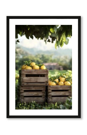 An image of three stacked wooden crates with yellow guava on top set against the backdrop of lush green farmland The focus should be sharp and detailed to capture ever