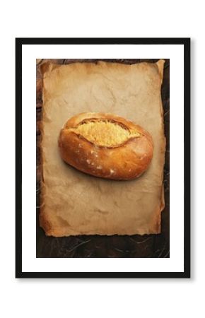 Homemade bread loaf on rustic dark background. Poster design, realistic, HD, copy space 