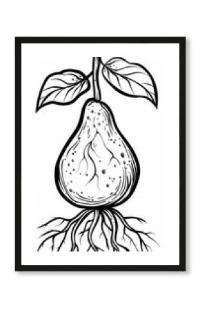 A stylized pear with roots and leaves. Ideal for farm-to-table logos or organic food branding. Represents growth and nature's bounty.