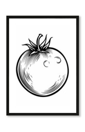 A woodcut-style illustration of a ripe tomato. Ideal for farm-to-table restaurants, cookbooks, or gardening blogs.