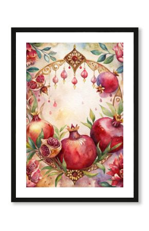 Bright watercolor painting with pomegranates in red and burgundy hues.Postcard with pomegranates-symbol of fertility evokes a sense of abundance, health and beauty of nature