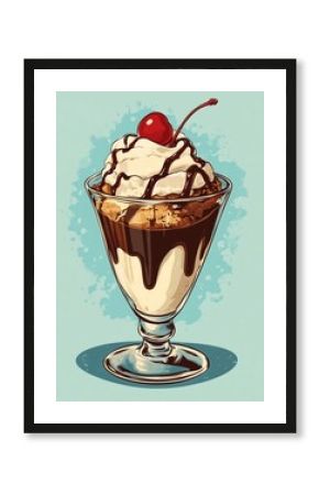 ice cream with chocolate sauce parfait sundae glass painting drawing cartoon poster, creamy topping with cherry