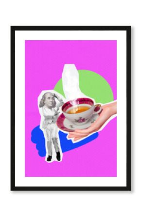 Template poster trend artwork 3D photo collage of young man franklin head reject tea drink cup hot pause flavor cafe break aroma flavor