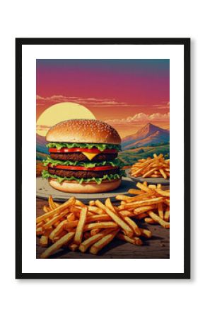 Crispy fries, colorful burger layers, and sunset hills backdrop in poster retro 70s style