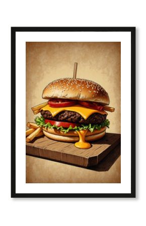 Juicy cheeseburger with golden bun, melted cheese, and fries on wood board in poster retro 70s style