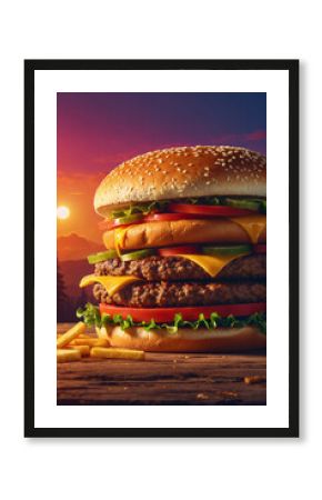 Cheeseburger with natural textures, golden fries, and retro sunset vibe in poster retro 70s style