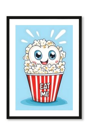 A whimsical cartoon illustration of popcorn with eyes and a mouth, saying "EAT ME" in bold text. The background is light blue