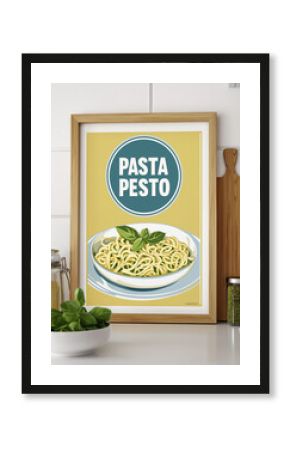 Pasta pesto poster showing spaghetti with basil leaves in a bowl