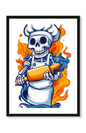 Skeleton chef baking, flames background, food illustration, recipe website