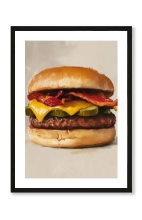 Retro-Style Bacon Cheeseburger Illustration with Vintage Color Palette – Nostalgic Fast Food Poster Art for Lifestyle Magazines, Cafes and Branding Campaigns