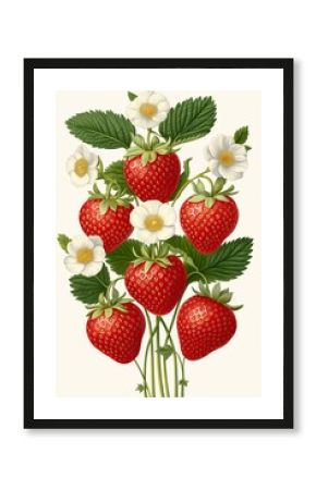 Illustration of a strawberry plant with flowers and ripe fruits in a decorative composition, retro botany vintage poster.