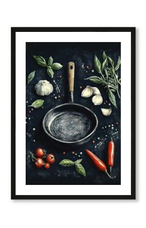 Cooking Essentials Illustration with Frying Pan and Ingredients in Vintage Chalkboard Style