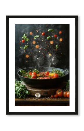 Chalkboard Style Food Illustration of Cooking Essentials with Frying Pan Steak Ingredients