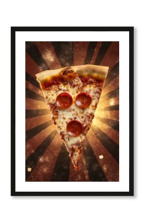 Vintage poster design of hot pizza slice, retro fast food theme