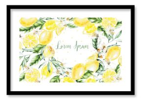 Lemons, Flowers and Leaves. card Watercolor Style Fruits.