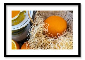 Photo, Flat Lay Oranges and Juicers on a wooden brown background