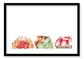 Pastry Mix, Sweets illustration, Cakes in a watercolor style, Digital illustration, Raster, Isolated on white background banner