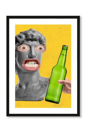 Contemporary art collage of antic statue with human eyes and mouth isolated over yellow background. Human hand holding bottle of beer