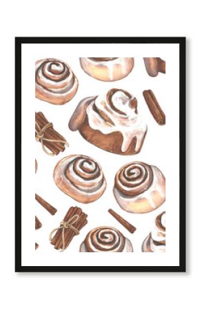 Seamless pattern with sinnamon rolls on white background. Watercolor seamless pattern