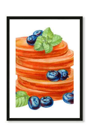 Hand drawn illustration of pancakes with blueberries and mint leaf.