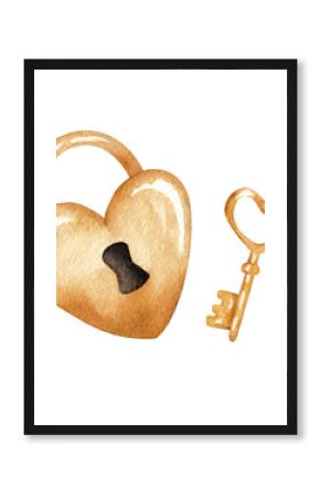 Golden lock in the shape of a heart and a key. Watercolor illustration. Element isolated on white background.