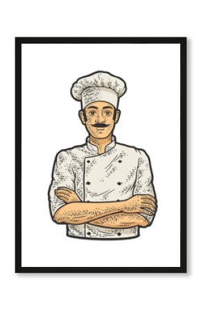 chef man in chef hat toque line art color sketch engraving raster illustration. T-shirt apparel print design. Scratch board imitation. Black and white hand drawn image.