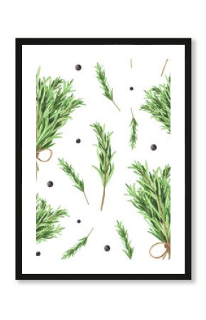 Fresh rosemary seamless pattern on white background. Watercolor hand drawing illustration. Art for decoration and design