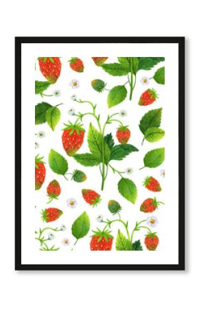 Wild strawberry seamless watercolor pattern. Summer garden plant with fresh berries, juicy leaves, flowers, unripe fruits. Hand drawn vintage background for card, wallpaper, textile, fabric, web