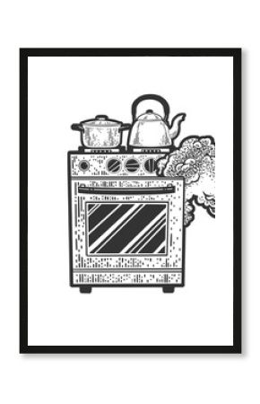 smoking oven stove sketch engraving raster illustration. T-shirt apparel print design. Scratch board imitation. Black and white hand drawn image.