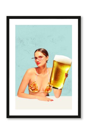 Young girl with cold light beer. Contemporary art collage. magazine style. Concept of festival, holidays, fun, joy, traditions, drinks and snacks, oktoberfest, ad and sales.