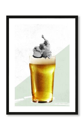 Senior couple sitting on huge beer glass. Contemporary art collage. magazine style. Holidays, fun, joy, traditions, drinks and snacks, oktoberfest, ad and sales.