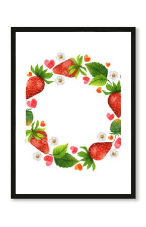 Strawberry wreath watercolor illustration. Summer berry, leaves, flowers, hearts. Hand drawn garland isolated on white background. Bright frame for decoration, card design, invitations