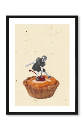 Contemporary art collage. Man, american football player on delicious pie over beige background
