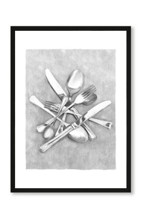 Cutlery. Illustration of forks, knives, tablespoons, teaspoons. Still life. Black and white pencil and charcoal hand drawing. Sketch.  Art decor for wall. Art print