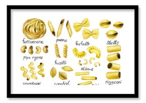 Watercolor drawing, pasta types set. cute vintage illustration, pasta, italian food. cuisines of the world