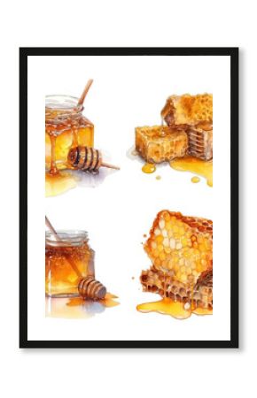 Watercolor honey label, ingredient golden, herbal beehive drink, insect banner sunflower, product drawing bumblebee, poster collection drawn sweet fresh, illustration healthy background