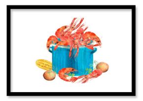 Seafood Crawfish Boil, Louisiana clipart, Shrimps, Fish, Beer, Squid Kitchen  Illustration, printable poster.  Isolated element on a white background. Hand painted in watercolor.