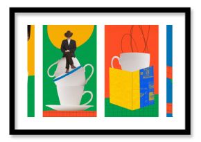 Contemporary art collage. Modern creative artwork. Set made of posters about start morning with coffee before work. Energy drink.