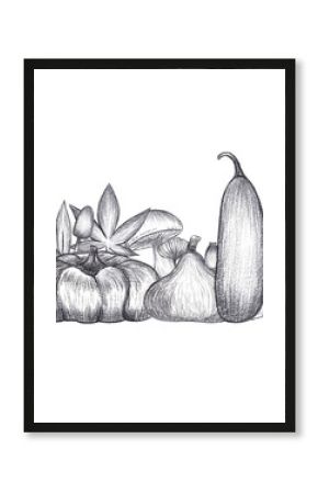 Hand drawn black pencil pumpkins, leaves and mushrooms composition isolated on white background. Can be used for post card, label, pattern and other printed products.