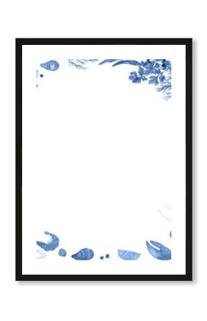 Creative Menu Ideas in vintage blue shades. Seafood watercolor square frame. Lobsters, shrimps, oysters, mussels, clams. Design for restaurant menus, wedding menu, cooking book. Delicious food
