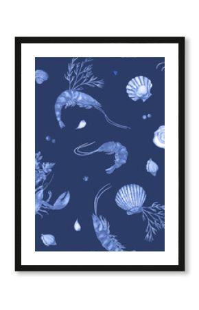 Watercolor seamless pattern of seafood, vintage style in blue shades. Lobsters, shrimps, oysters, mussels, clams, spices, herbs for seafood. Restaurant menus, wallpaper, textile, fabric, banner