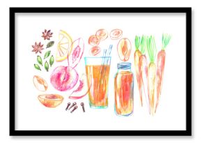 Hand drawn summer smoothie recipe illustration, glass and ingredients poster, menu background