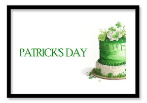 horizontal banner, watercolor illustration, St. Patricks Day, traditional treats, green cake decorated with clover