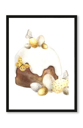 Watercolor composition with Easter cake, eggs and butterflies. Easter holiday illustration hand drawn. Sketch on isolated background for greeting cards, invitations, happy holidays, posters