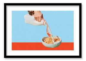 Poster. Contemporary art collage. Poster. Contemporary art collage. Hand pouring milk with diving swimmer to cereal against orange-blue background. Concept of food and drink, vitamins, nutrition. Ad