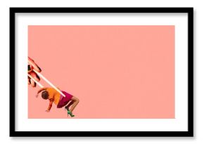 Banner. Contemporary art collage. Female hand holding chopsticks with woman as food against pink background with negative space. Concept of food and drink, vegetarian, vitamins, energy, nutrition. Ad